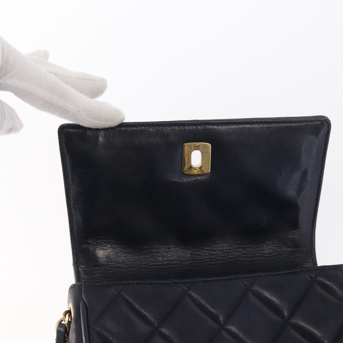 CHANEL Matelasse Chain Shoulder Bag Lamb Skin Navy Gold CC Auth 156505