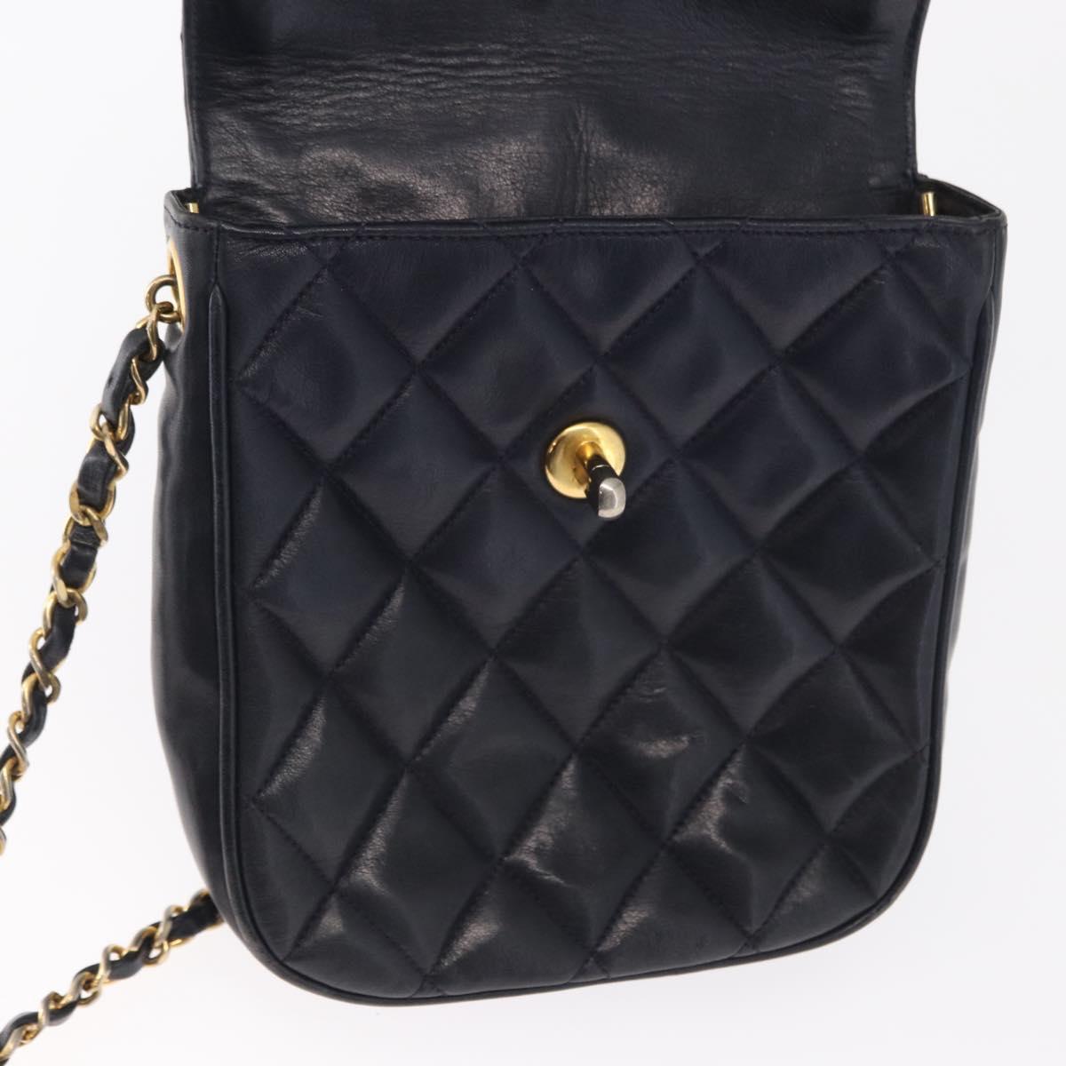 CHANEL Matelasse Chain Shoulder Bag Lamb Skin Navy Gold CC Auth 156505