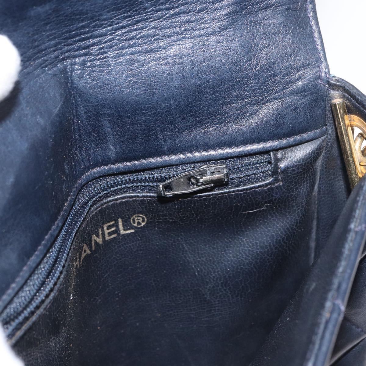 CHANEL Matelasse Chain Shoulder Bag Lamb Skin Navy Gold CC Auth 156505