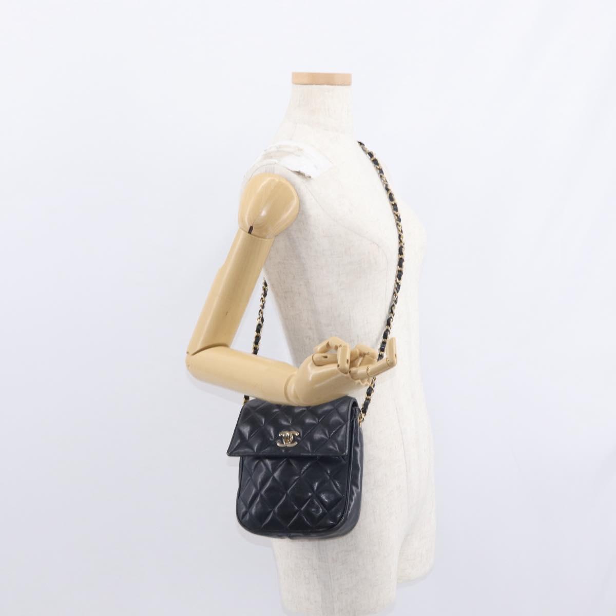 CHANEL Matelasse Chain Shoulder Bag Lamb Skin Navy Gold CC Auth 156505