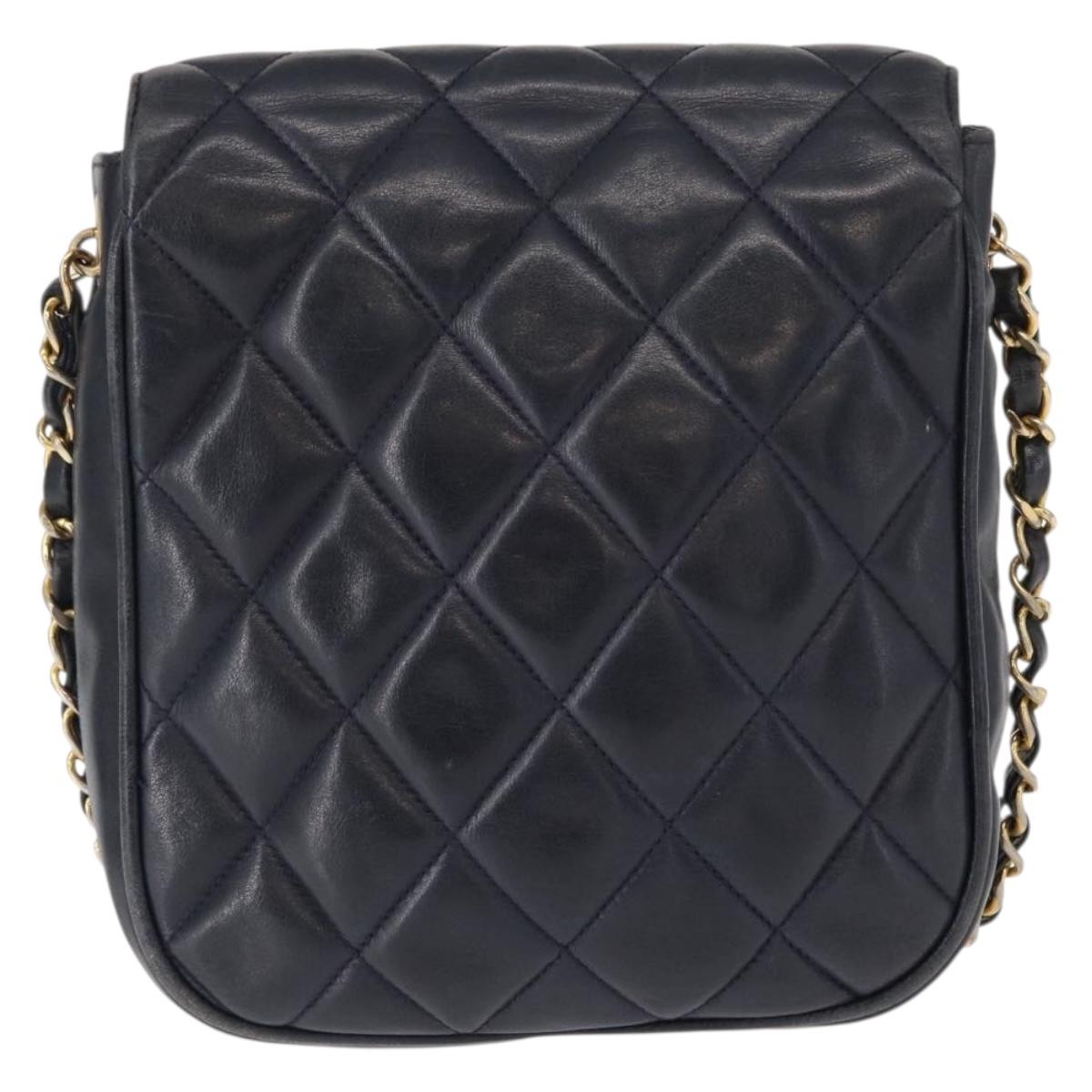 CHANEL Matelasse Chain Shoulder Bag Lamb Skin Navy Gold CC Auth 156505