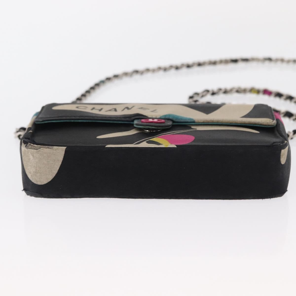 CHANEL Chain Shoulder Bag Satin Black Silver CC Auth 156506