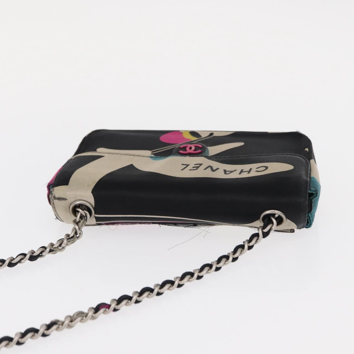 CHANEL Chain Shoulder Bag Satin Black Silver CC Auth 156506