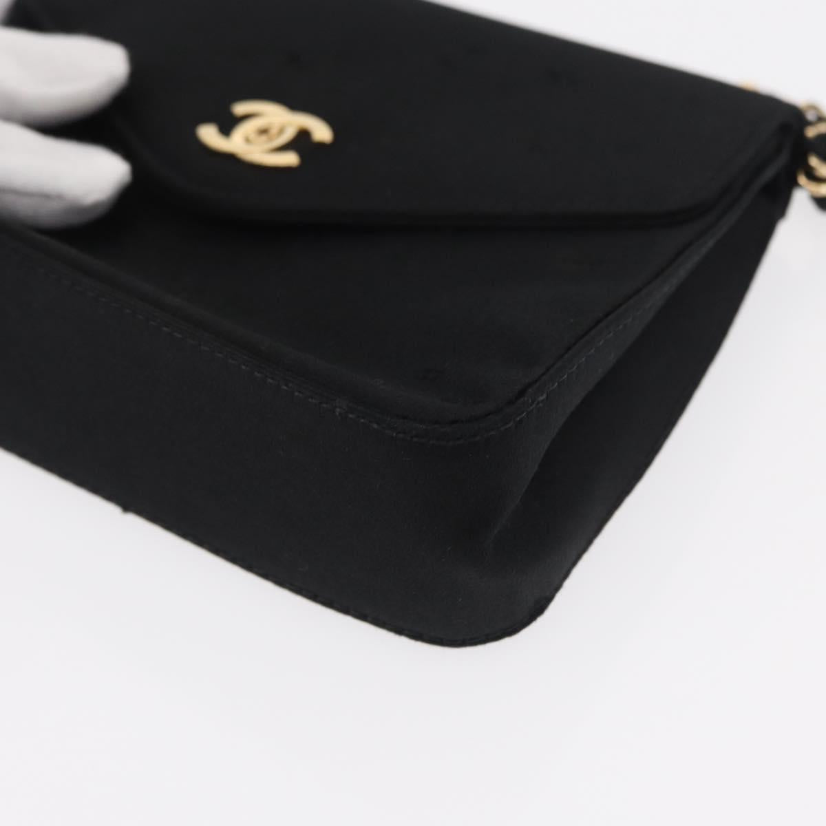 CHANEL Pouch Satin Black Gold CC Auth 156507