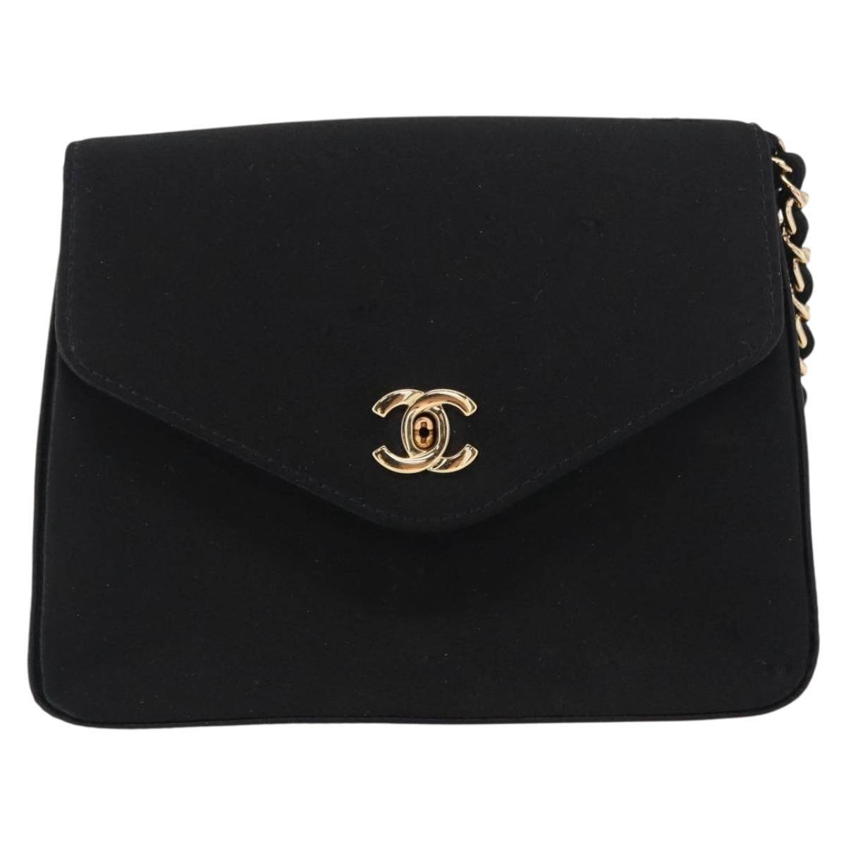 CHANEL Pouch Satin Black Gold CC Auth 156507