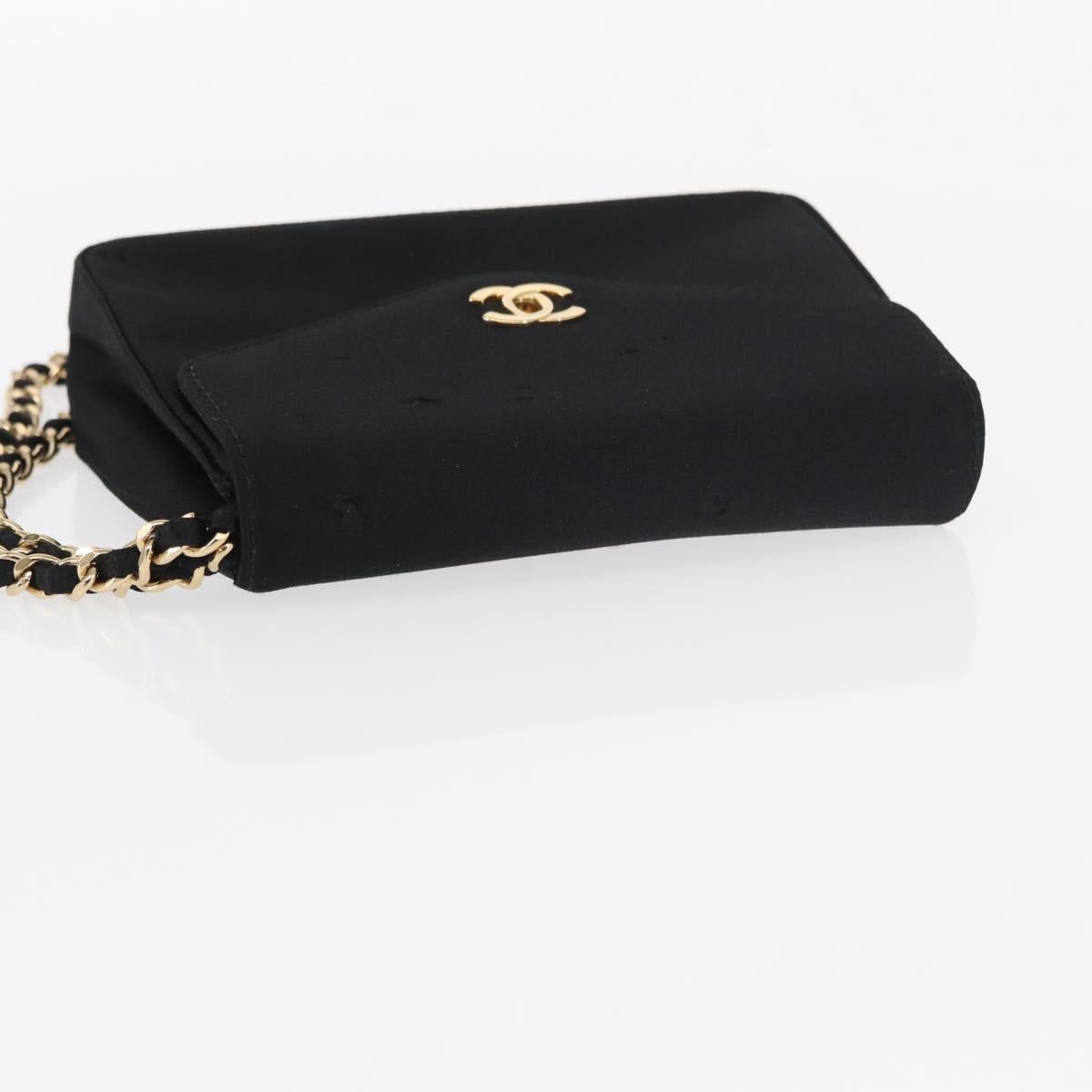 CHANEL Pouch Satin Black Gold CC Auth 156507