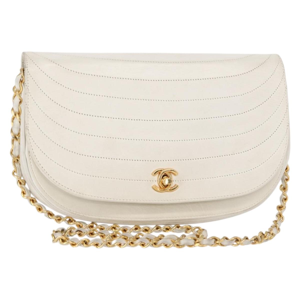 CHANEL Chain Shoulder Bag Leather White Gold CC Auth 156509