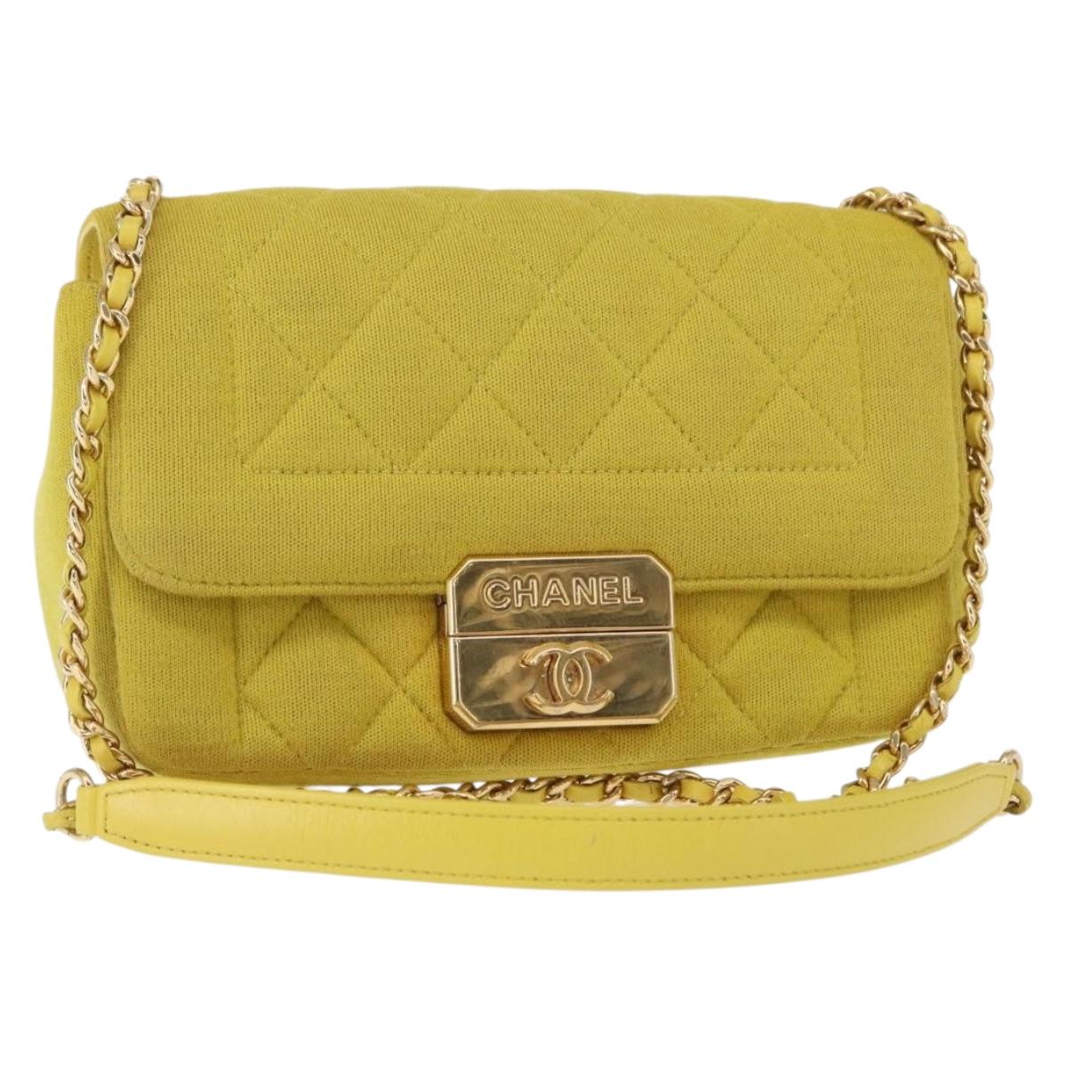 CHANEL Matelasse Chain Shoulder Bag Cotton Yellow Gold CC Auth 156510V