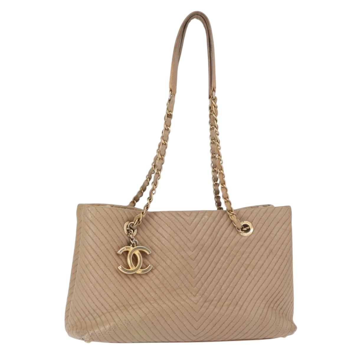 CHANEL Chain V stitch Shoulder Bag Lamb Skin Beige Gold CC Auth 156512