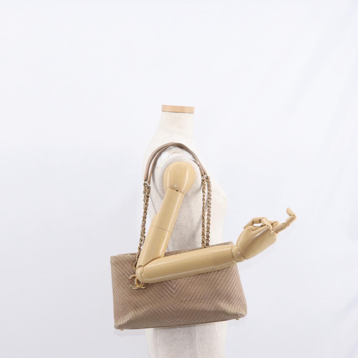 CHANEL Chain V stitch Shoulder Bag Lamb Skin Beige Gold CC Auth 156512