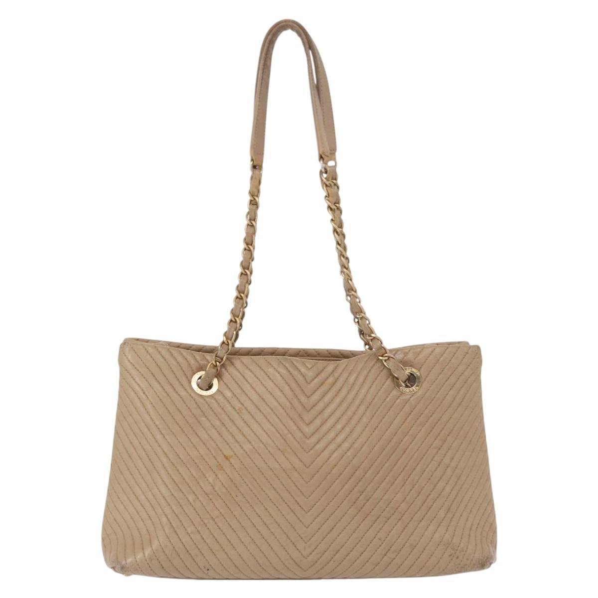 CHANEL Chain V stitch Shoulder Bag Lamb Skin Beige Gold CC Auth 156512