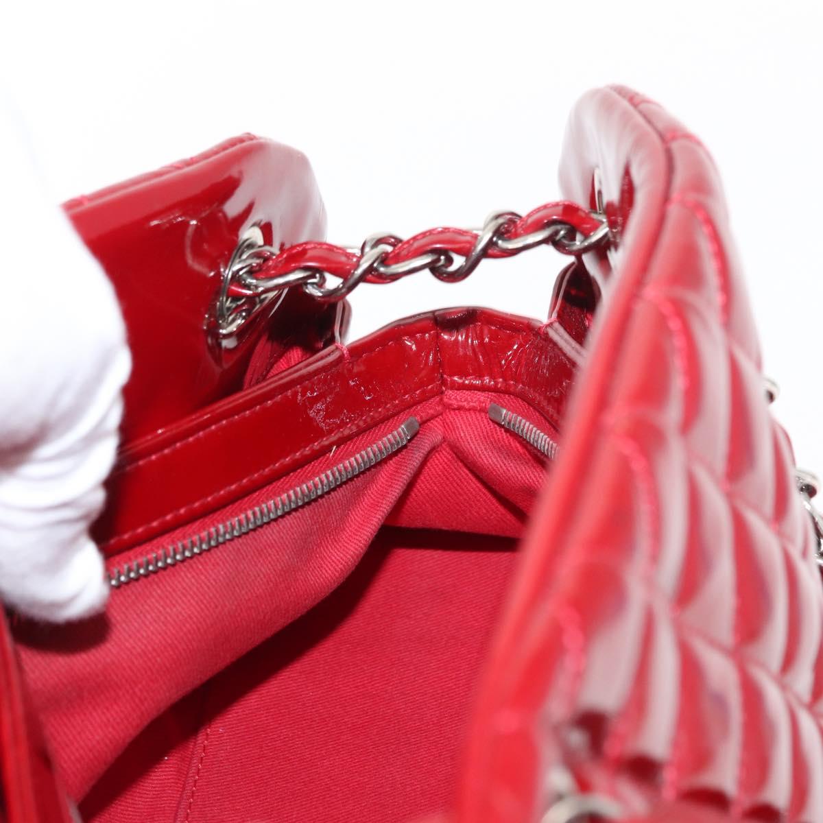 CHANEL Matelasse Chain Shoulder Bag Patent leather Red Silver CC Auth 156513