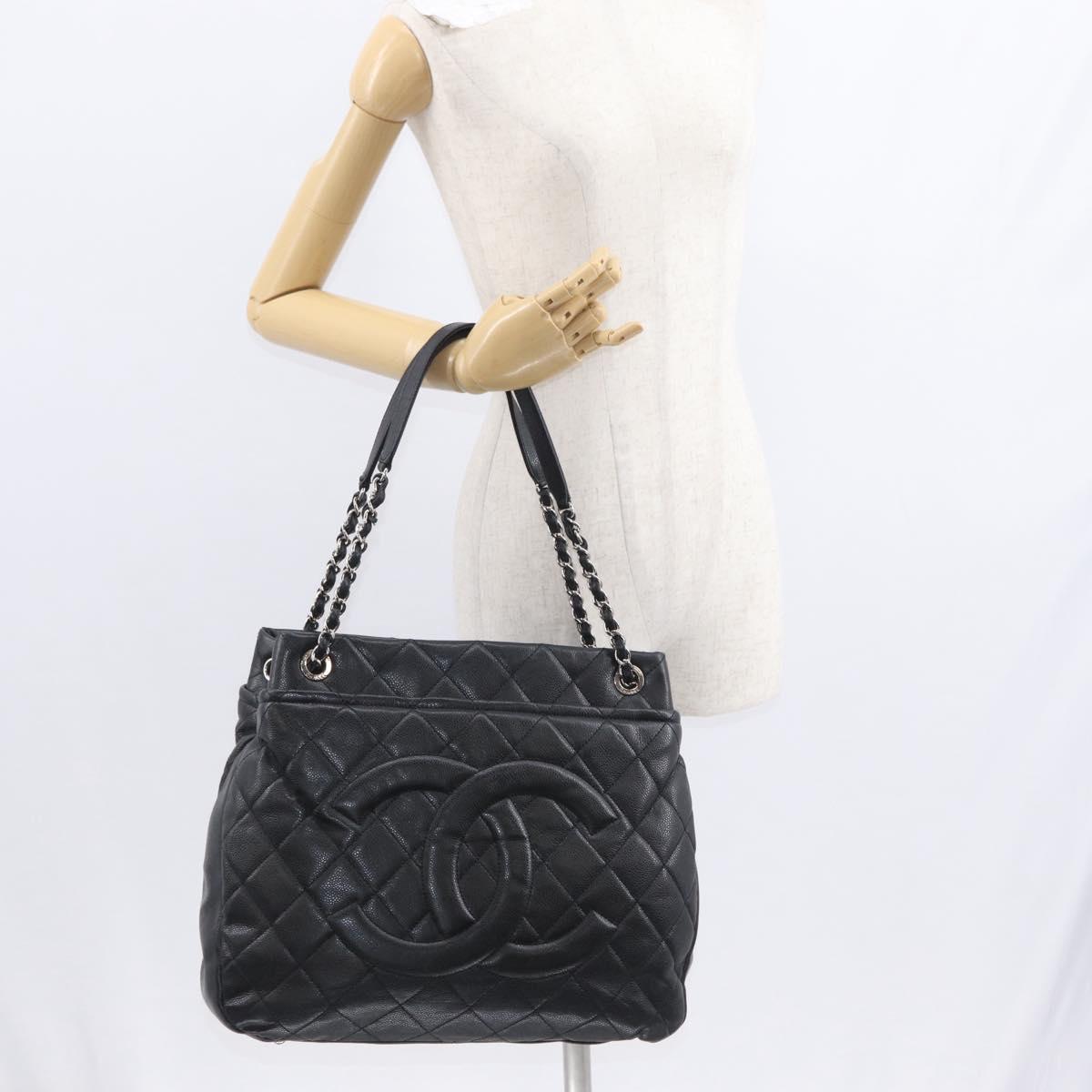 CHANEL Matelasse Chain Shoulder Bag Caviar Skin Black Silver CC Auth 156514V