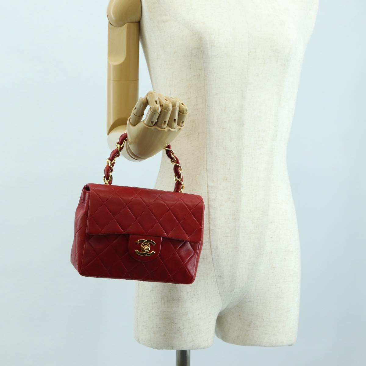 CHANEL Mini Matelasse 17 Hand Bag Lamb Skin Red Gold CC Auth 156630