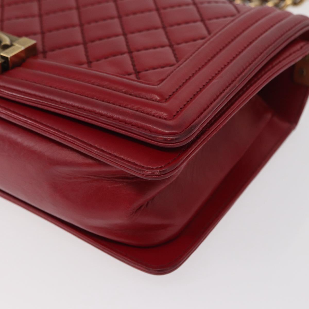 CHANEL Boy Chanel Medium Chain Shoulder Bag Leather Red Gold CC Auth 156633V