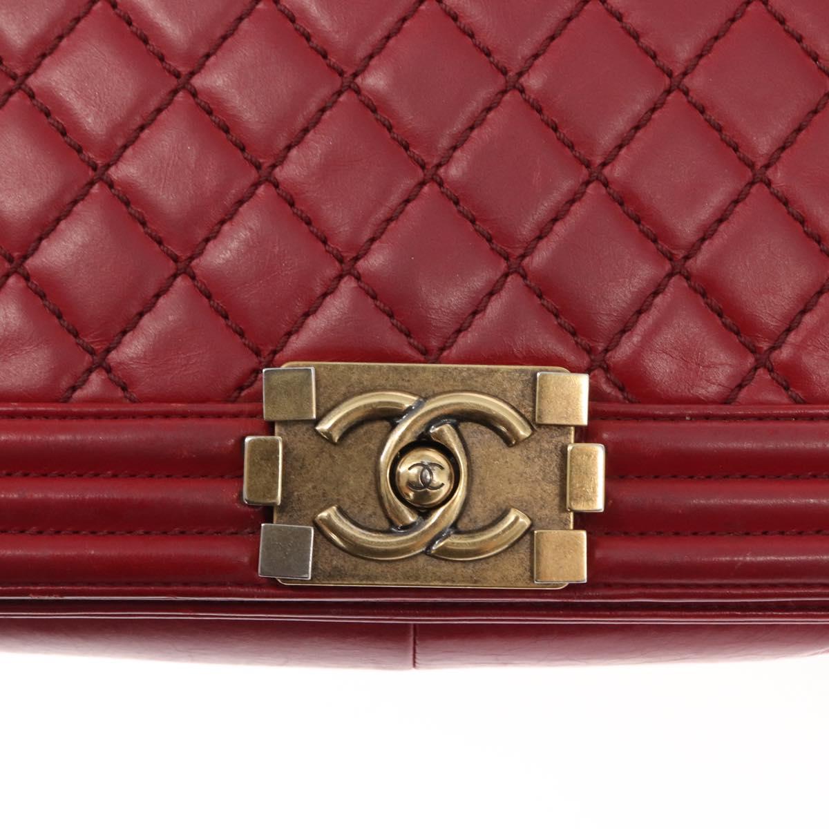 CHANEL Boy Chanel Medium Chain Shoulder Bag Leather Red Gold CC Auth 156633V