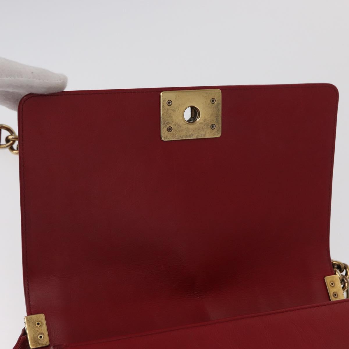 CHANEL Boy Chanel Medium Chain Shoulder Bag Leather Red Gold CC Auth 156633V