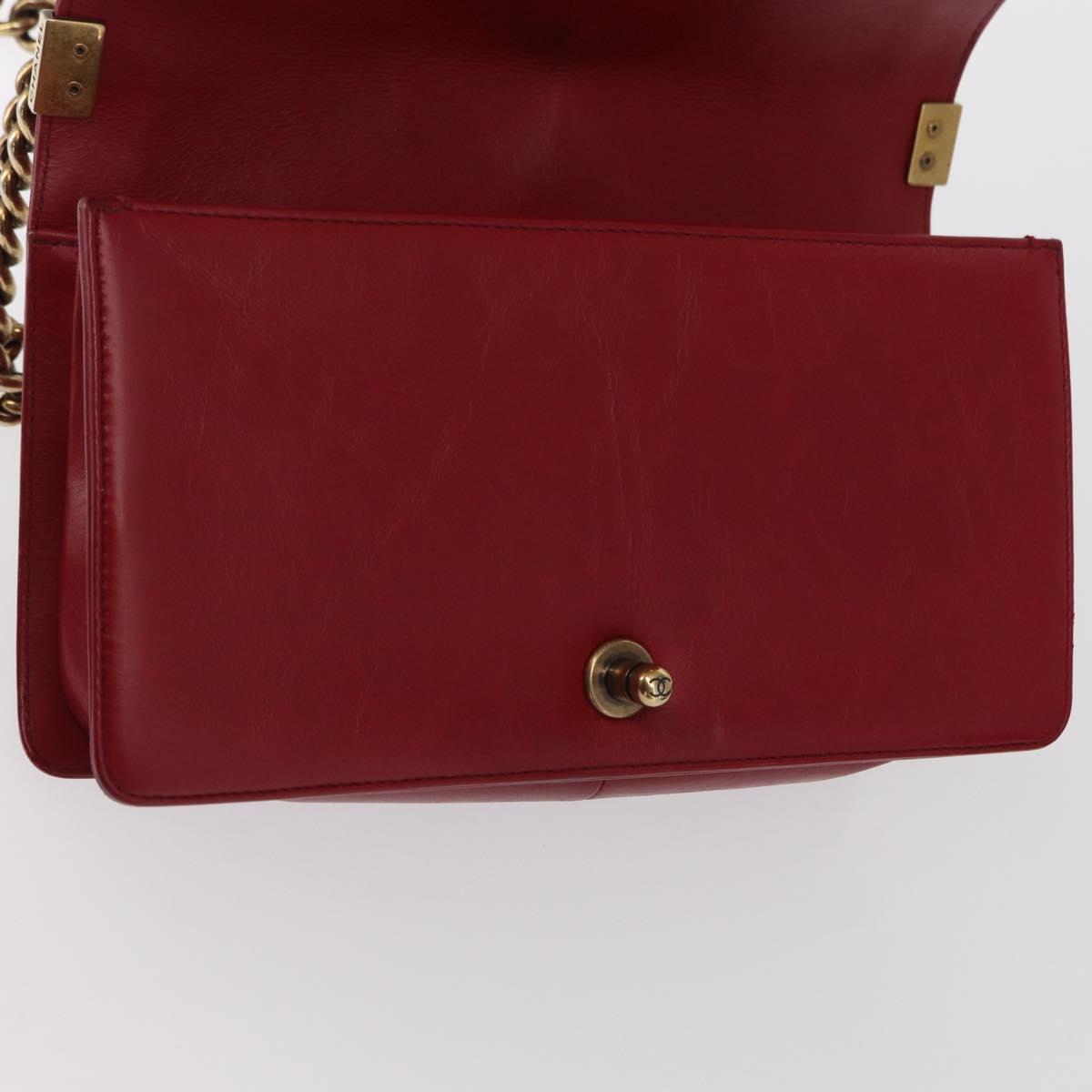 CHANEL Boy Chanel Medium Chain Shoulder Bag Leather Red Gold CC Auth 156633V