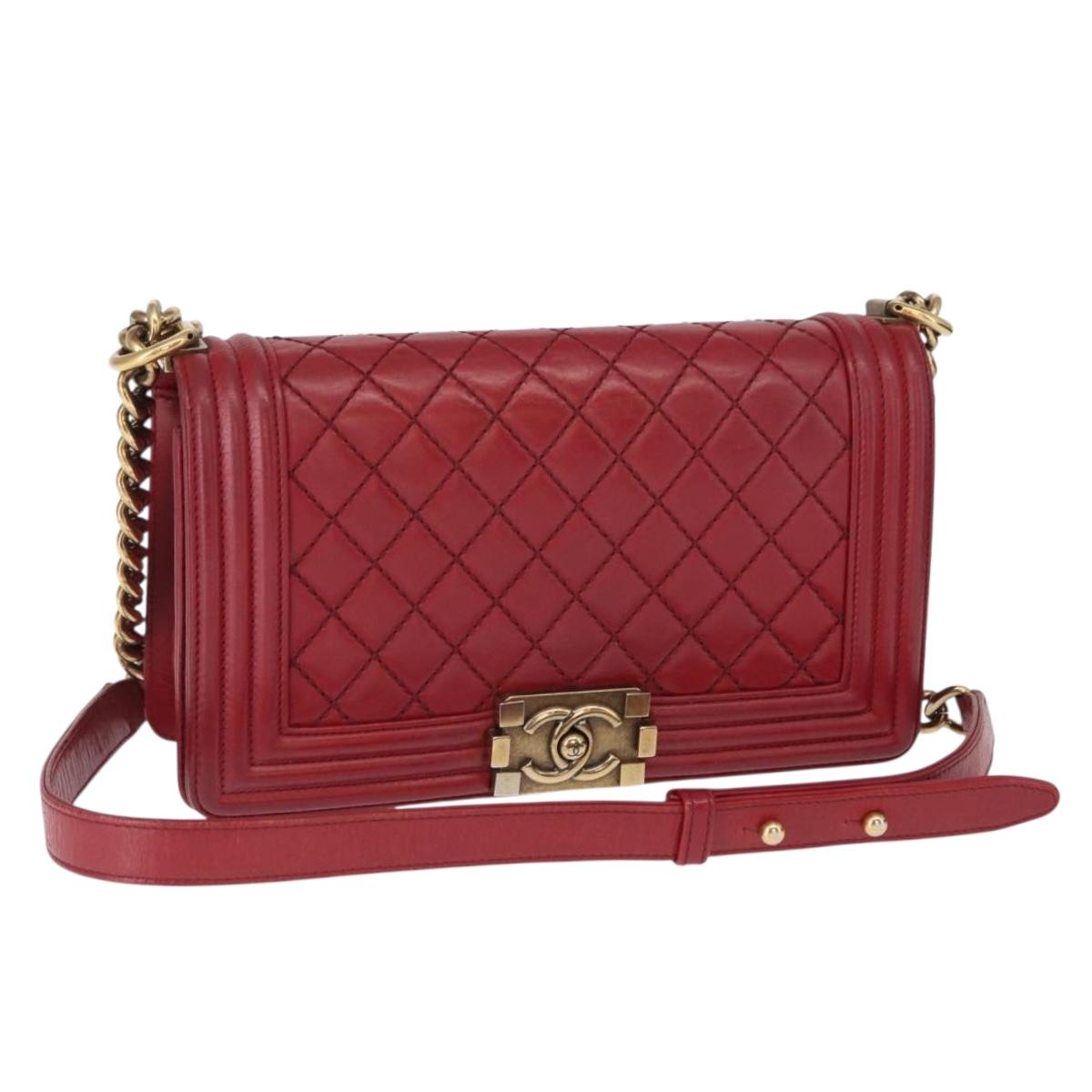 CHANEL Boy Chanel Medium Chain Shoulder Bag Leather Red Gold CC Auth 156633V