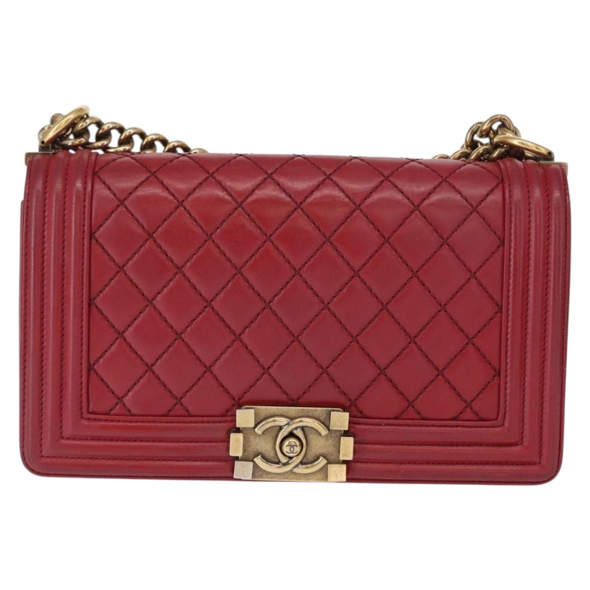 CHANEL Boy Chanel Medium Chain Shoulder Bag Leather Red Gold CC Auth 156633V