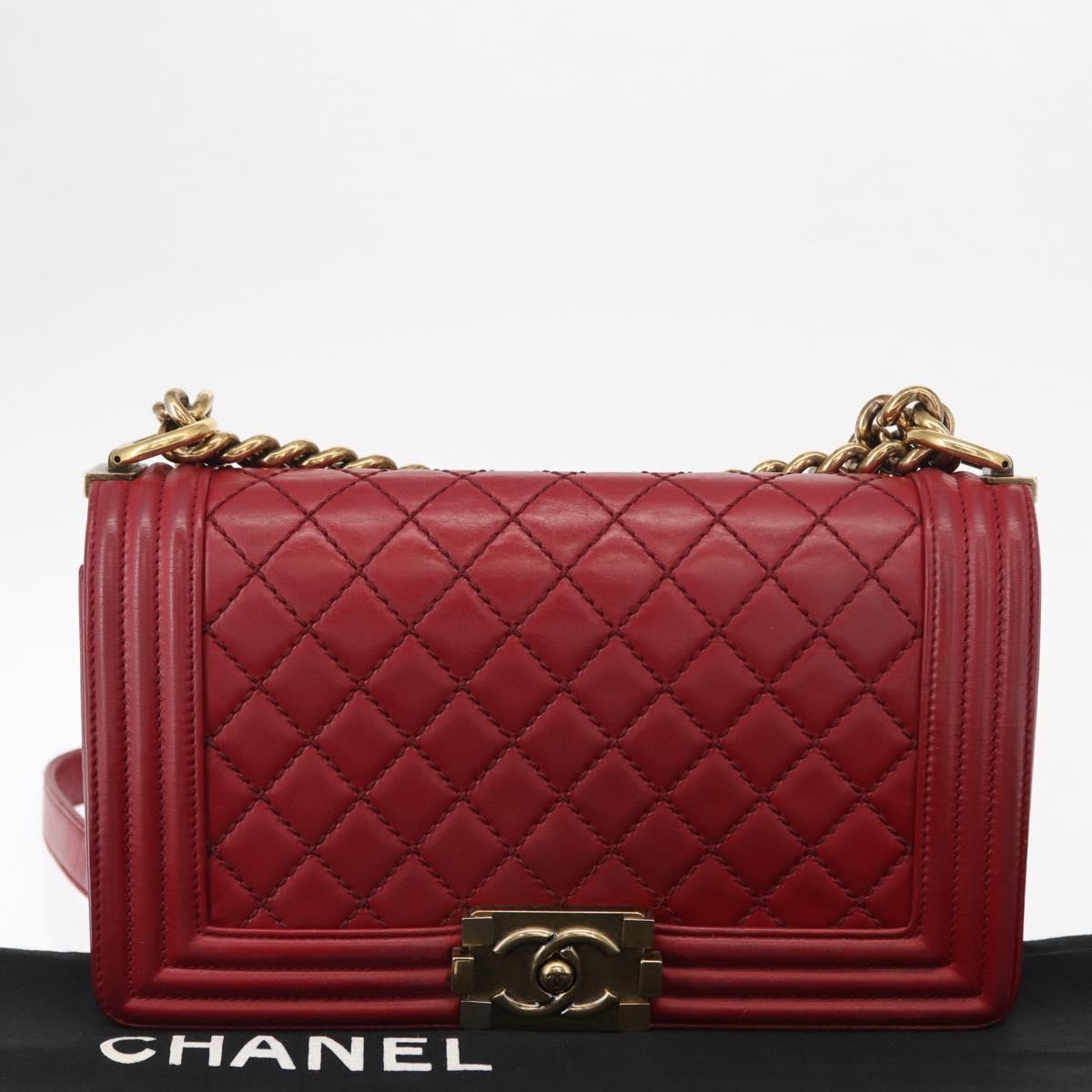 CHANEL Boy Chanel Medium Chain Shoulder Bag Leather Red Gold CC Auth 156633V