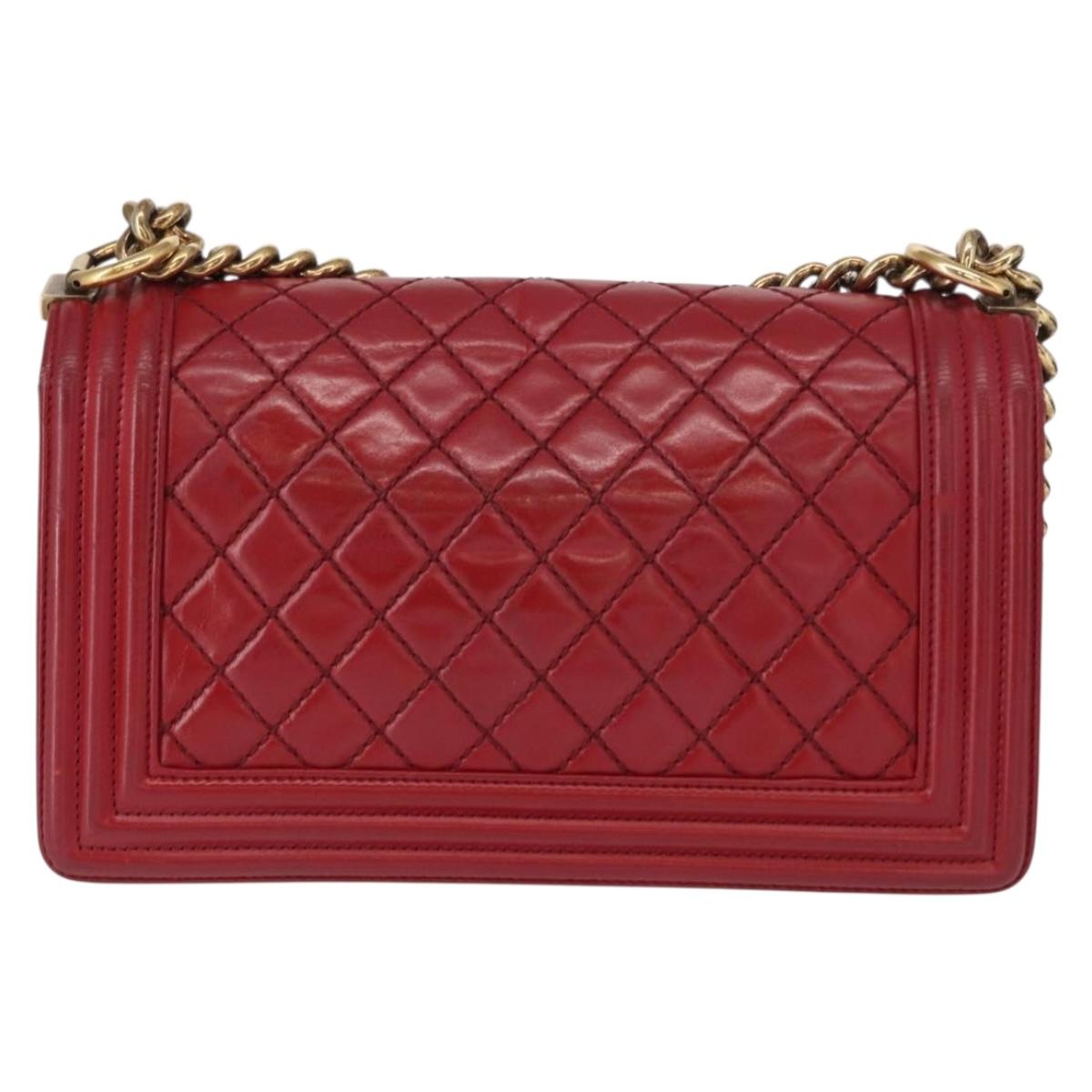 CHANEL Boy Chanel Medium Chain Shoulder Bag Leather Red Gold CC Auth 156633V
