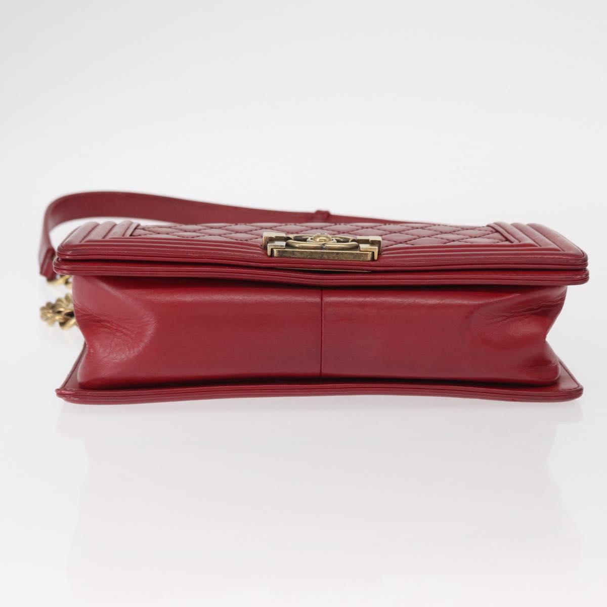 CHANEL Boy Chanel Medium Chain Shoulder Bag Leather Red Gold CC Auth 156633V