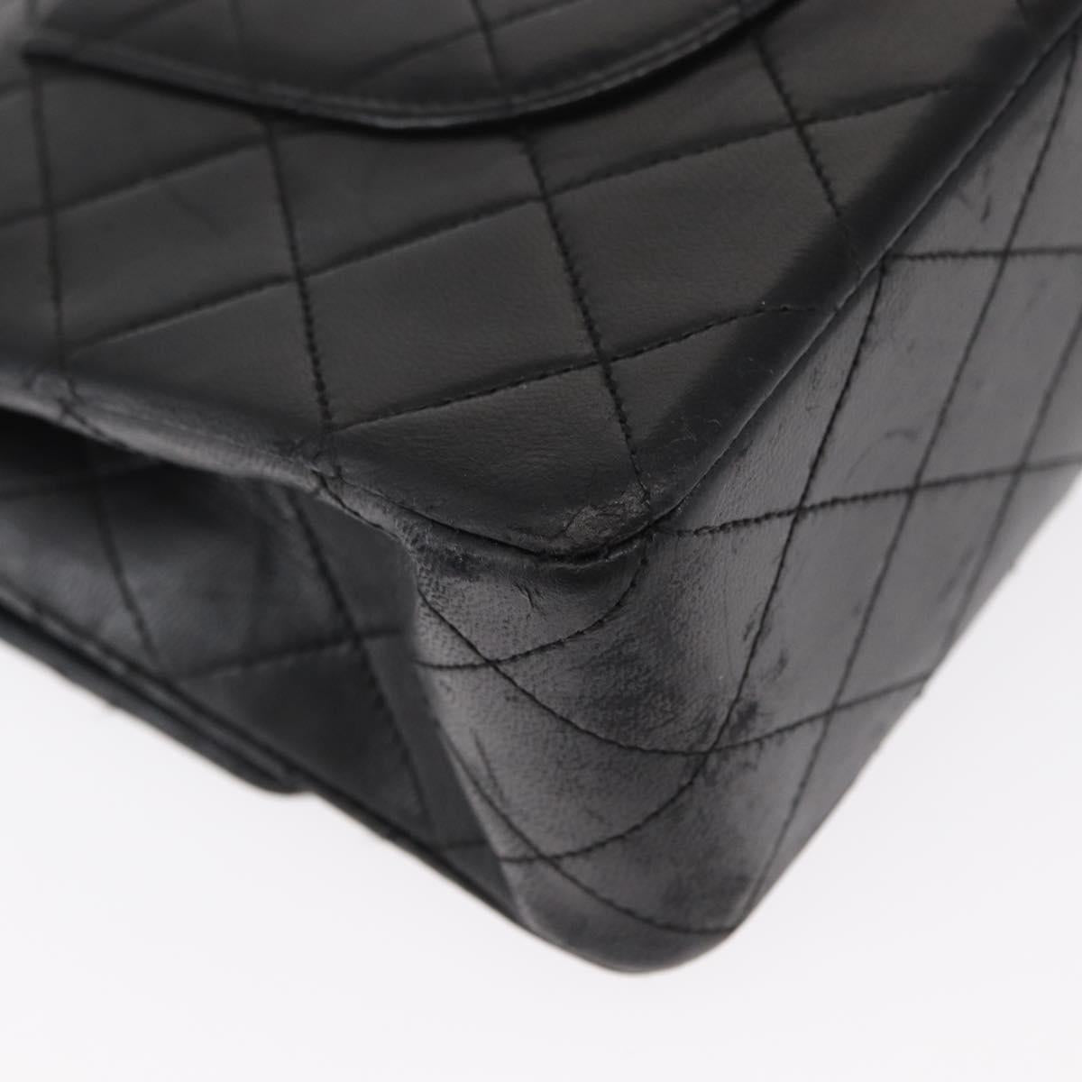 CHANEL Matelasse 25 Double Flap Chain Bag Lamb Skin Black Gold CC Auth 156636SAV