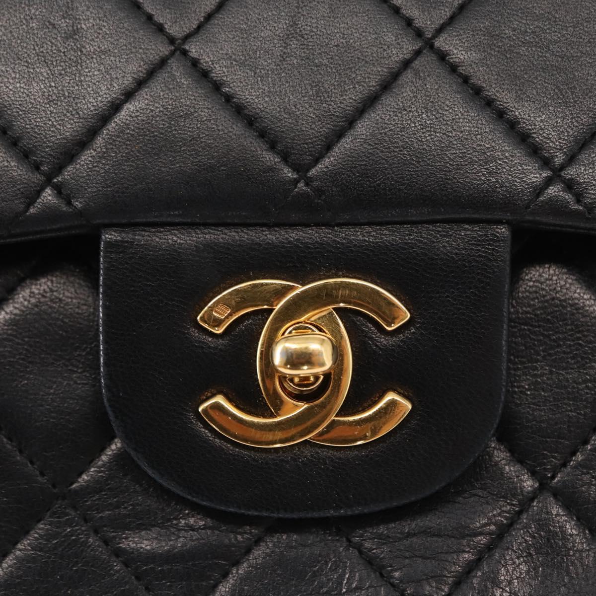 CHANEL Matelasse 25 Double Flap Chain Bag Lamb Skin Black Gold CC Auth 156636SAV