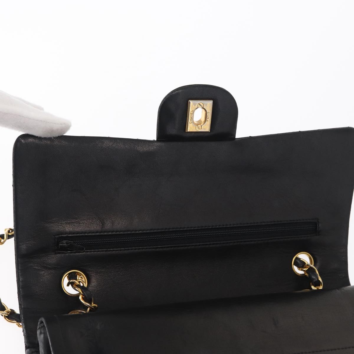 CHANEL Matelasse 25 Double Flap Chain Bag Lamb Skin Black Gold CC Auth 156636SAV