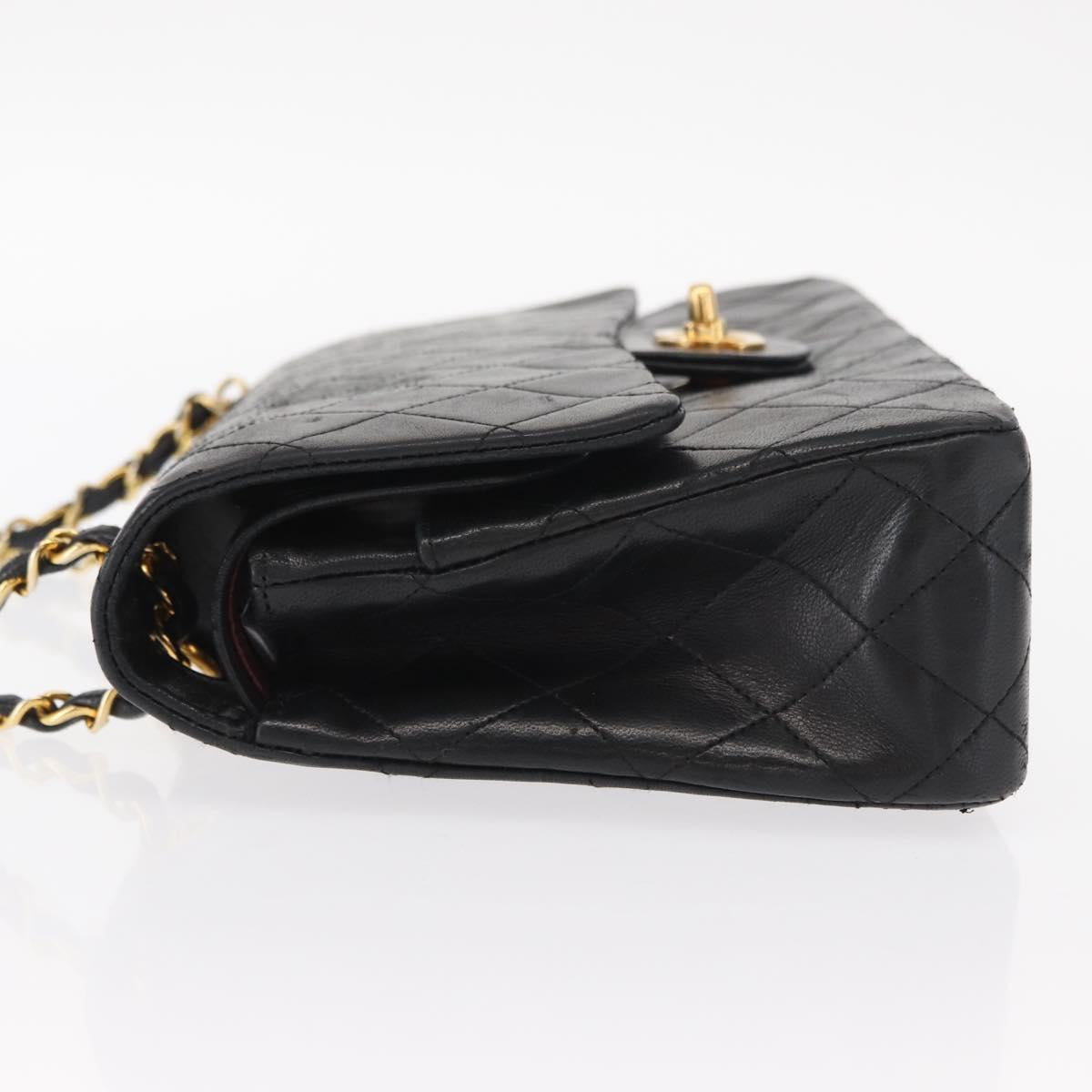 CHANEL Matelasse 25 Double Flap Chain Bag Lamb Skin Black Gold CC Auth 156636SAV