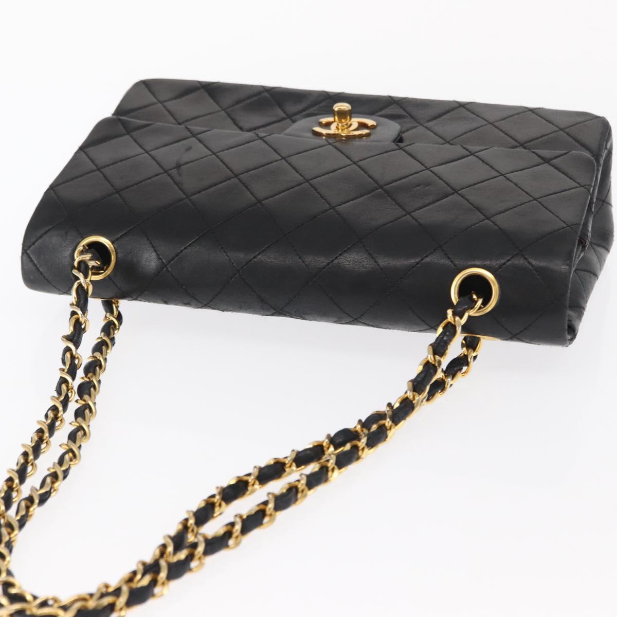 CHANEL Matelasse 25 Double Flap Chain Bag Lamb Skin Black Gold CC Auth 156636SAV