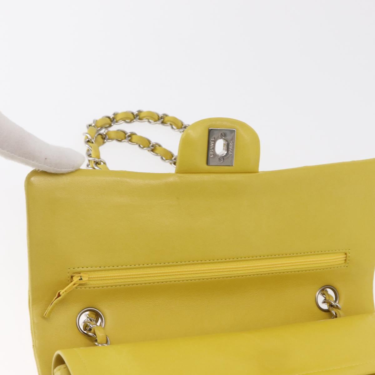 CHANEL Matelasse 25 Double Flap Chain Bag Lamb Skin Yellow CC Auth 156637SM