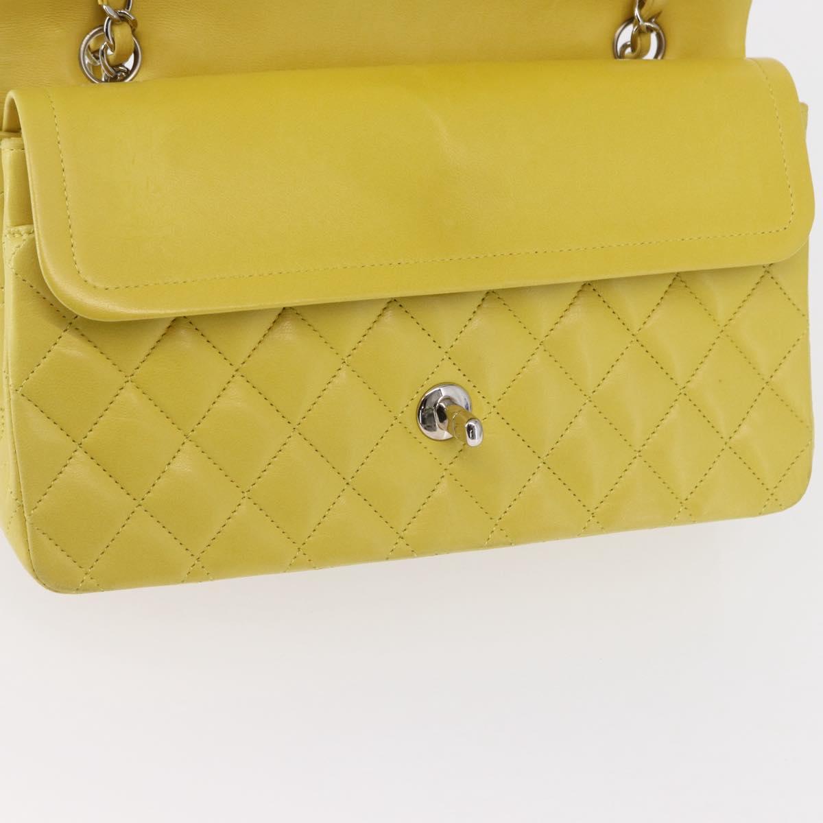 CHANEL Matelasse 25 Double Flap Chain Bag Lamb Skin Yellow CC Auth 156637SM