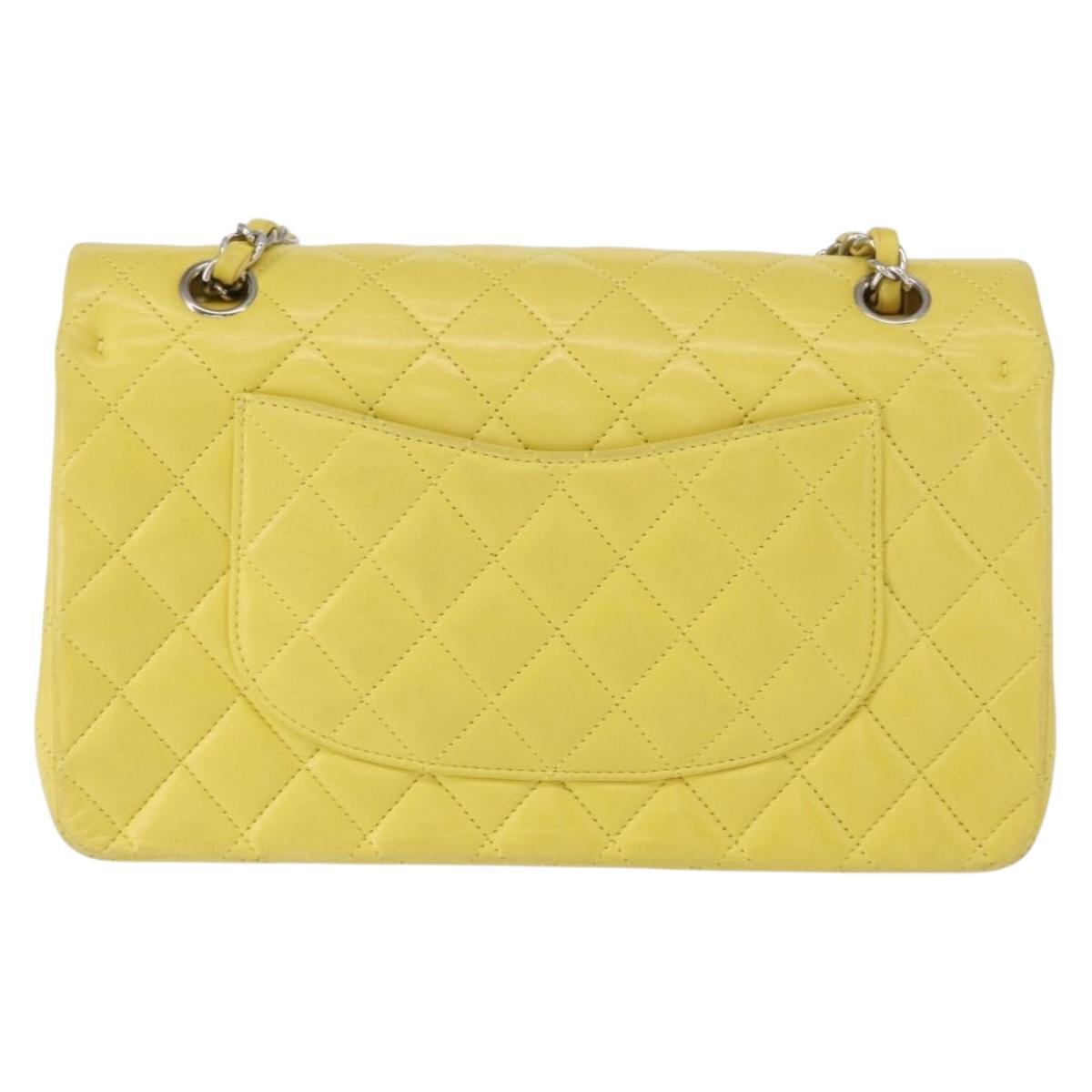 CHANEL Matelasse 25 Double Flap Chain Bag Lamb Skin Yellow CC Auth 156637SM
