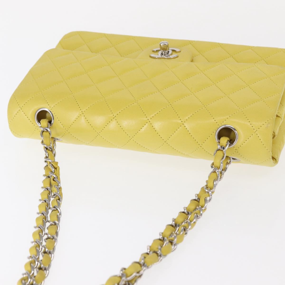 CHANEL Matelasse 25 Double Flap Chain Bag Lamb Skin Yellow CC Auth 156637SM