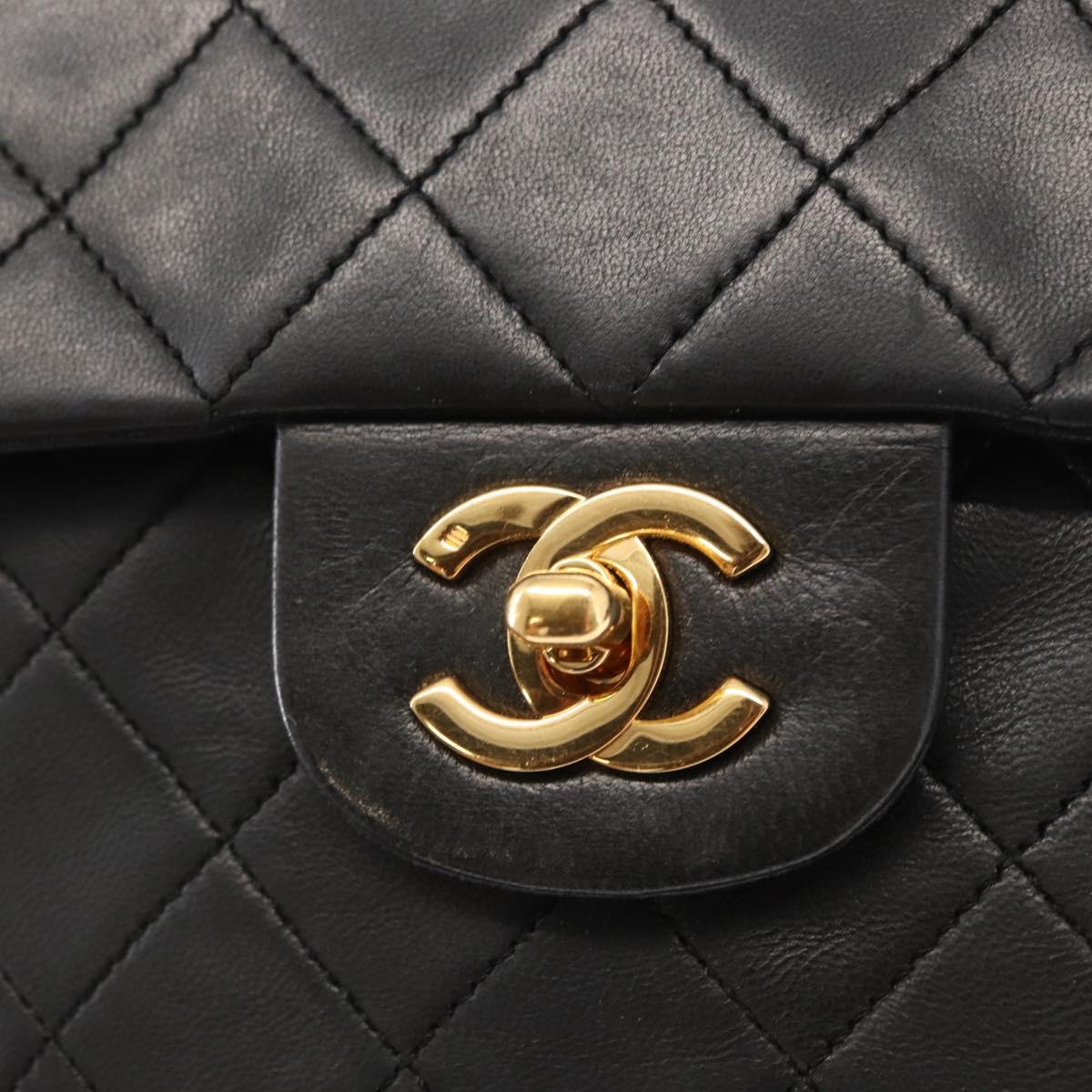 CHANEL Matelasse 25 Double Flap Chain Bag Lamb Skin Black Gold CC Auth 156638SAV