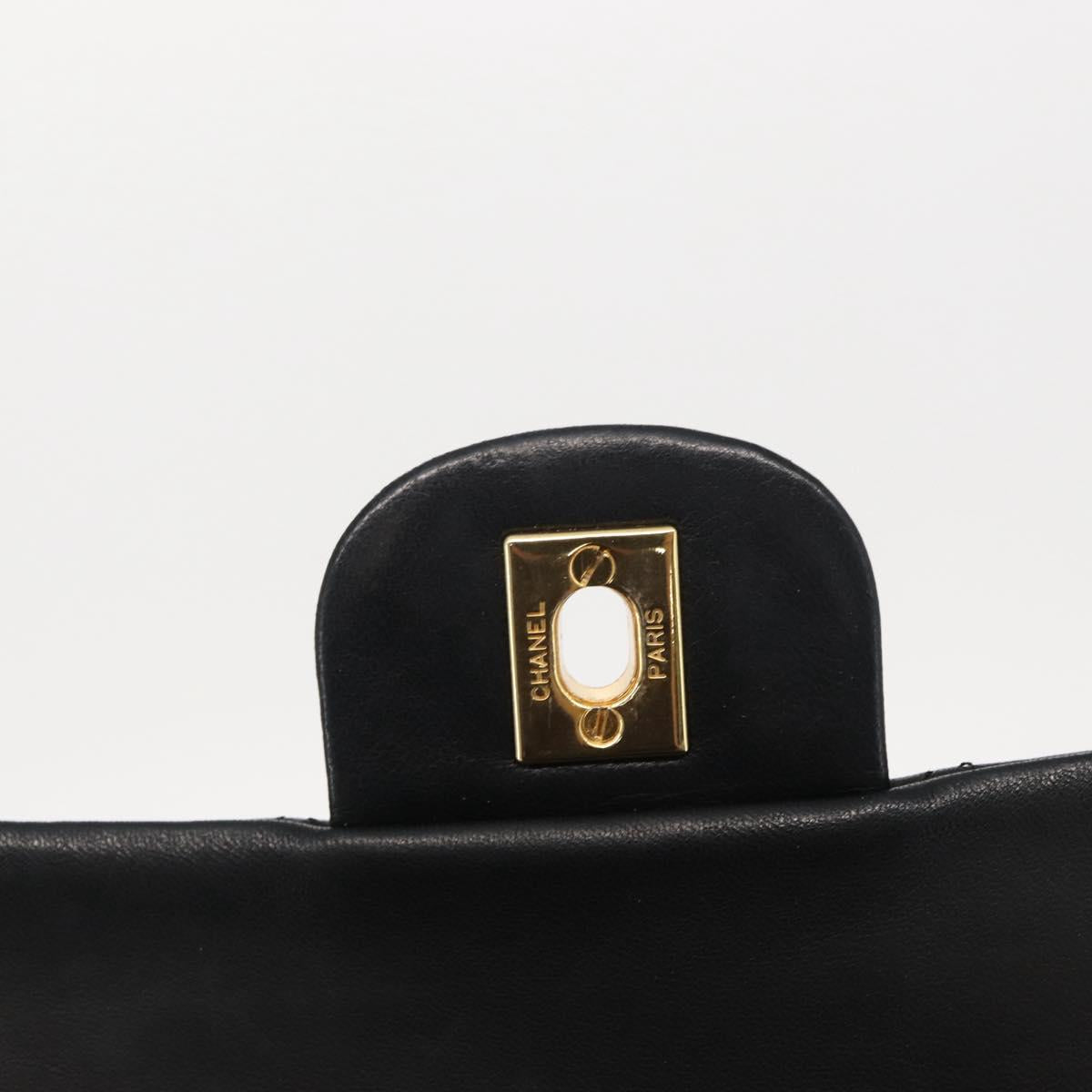CHANEL Matelasse 25 Double Flap Chain Bag Lamb Skin Black Gold CC Auth 156638SAV