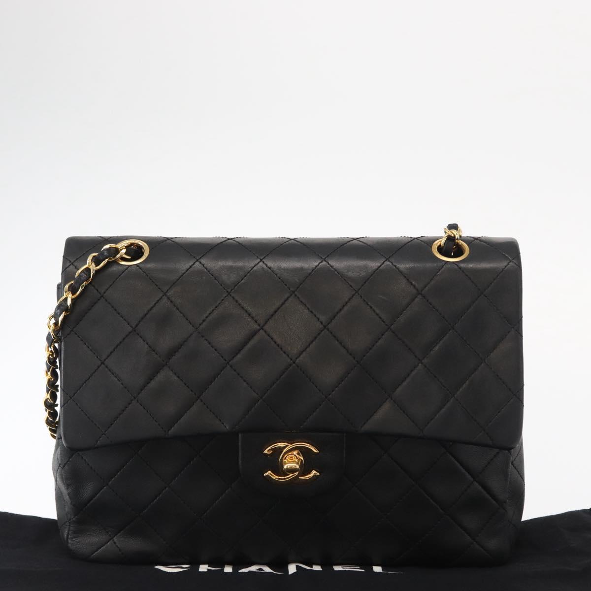 CHANEL Matelasse 25 Double Flap Chain Bag Lamb Skin Black Gold CC Auth 156638SAV