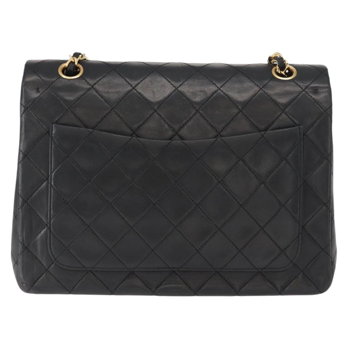 CHANEL Matelasse 25 Double Flap Chain Bag Lamb Skin Black Gold CC Auth 156638SAV