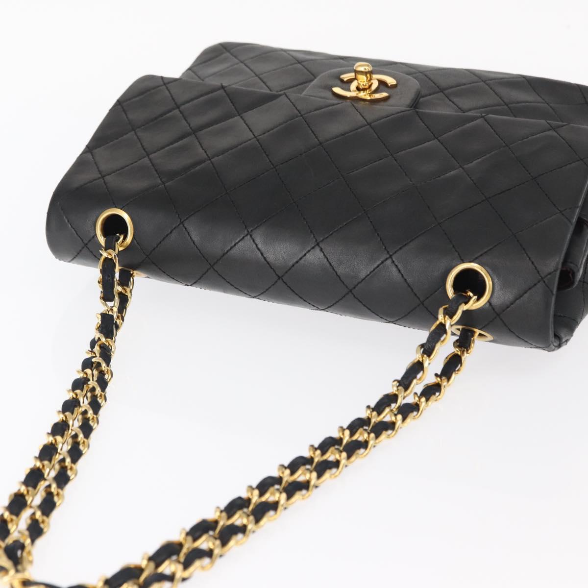 CHANEL Matelasse 25 Double Flap Chain Bag Lamb Skin Black Gold CC Auth 156638SAV
