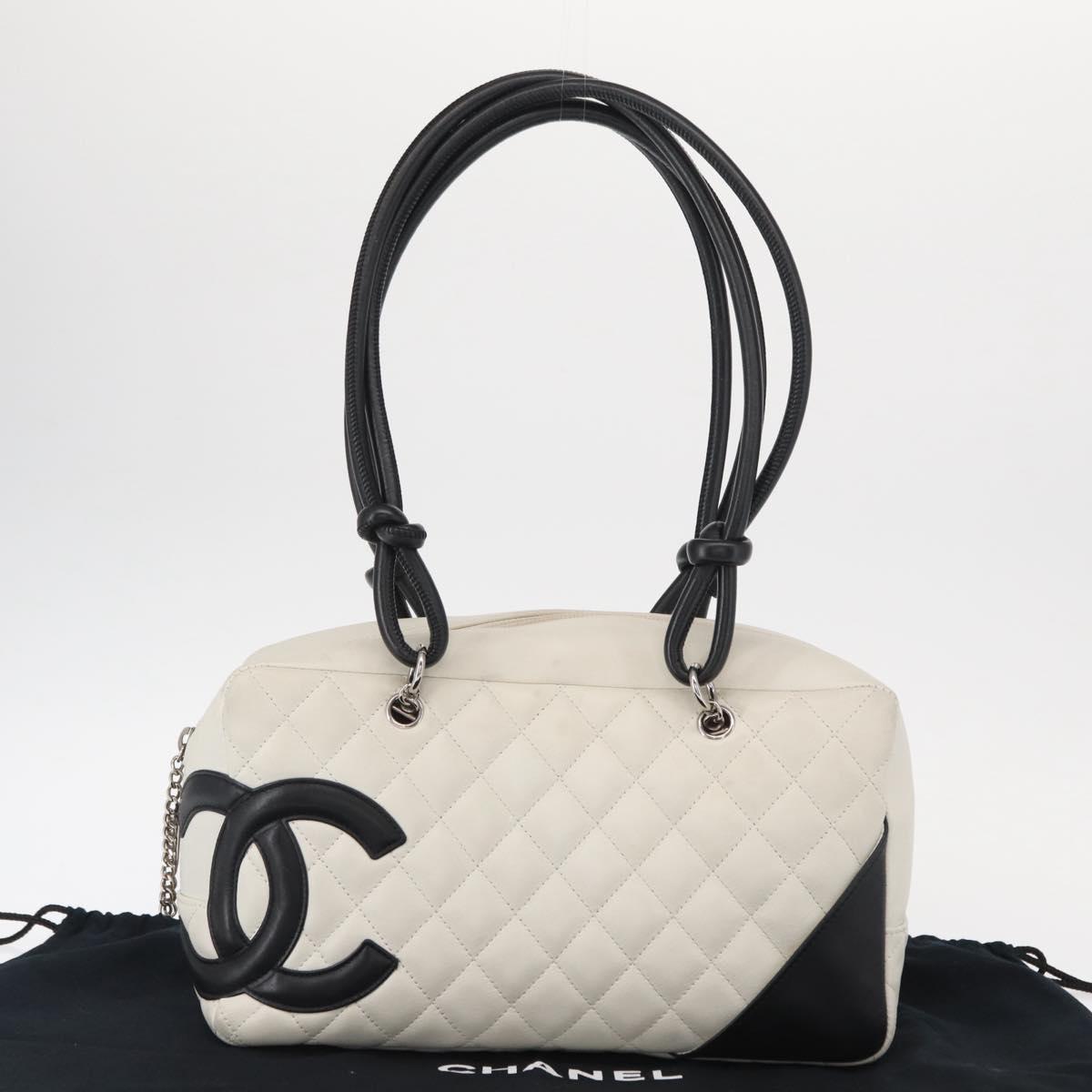 CHANEL Matelasse Bowling Bag Cambon Line Calf Skin White Black CC Auth 156643V