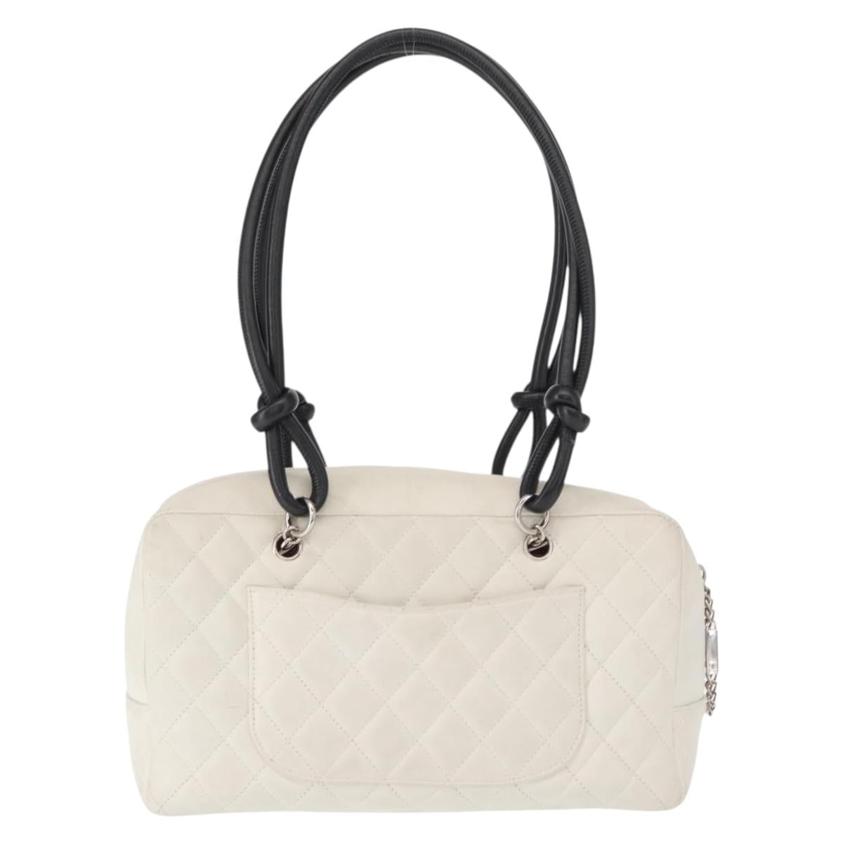 CHANEL Matelasse Bowling Bag Cambon Line Calf Skin White Black CC Auth 156643V