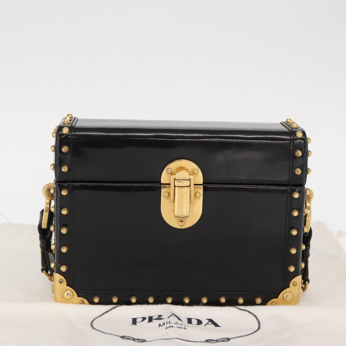 PRADA Chain Mini Trunk Shoulder Bag Enamel Black Gold Auth 156646V