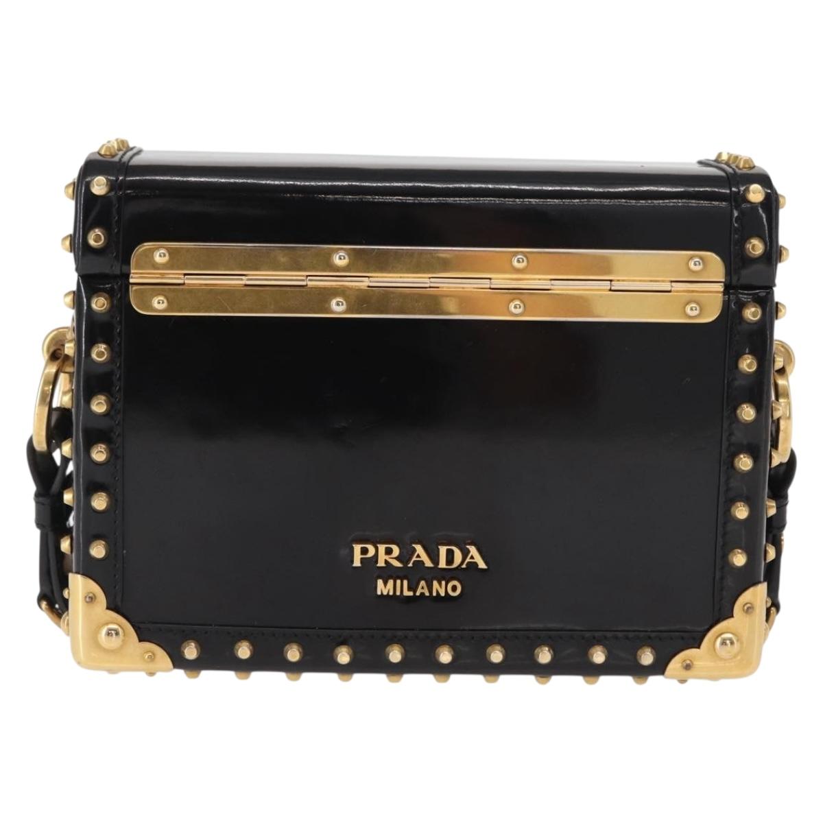 PRADA Chain Mini Trunk Shoulder Bag Enamel Black Gold Auth 156646V
