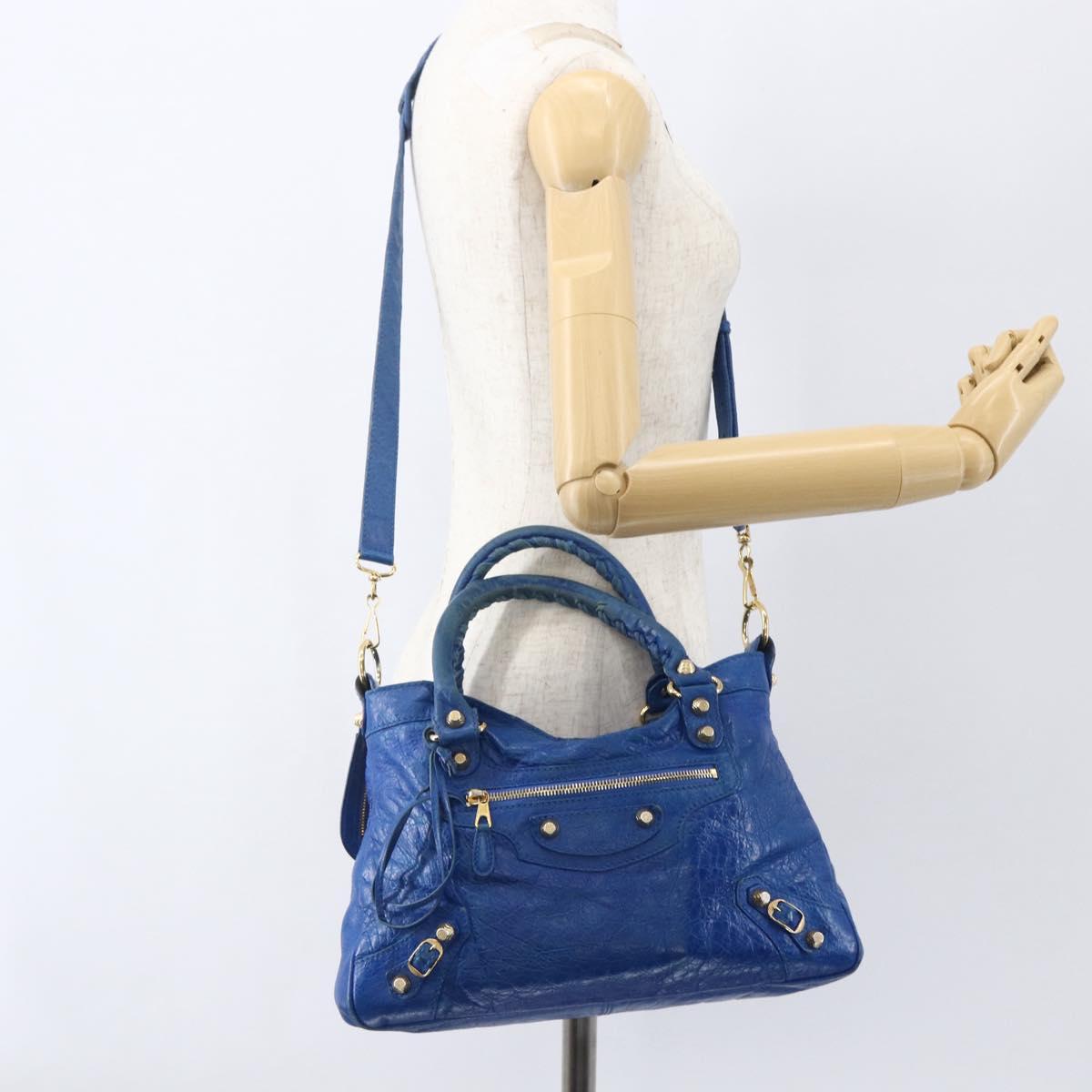 BALENCIAGA The Giant Town Hand Bag Leather 2way Blue Gold 285434 Auth 156649V
