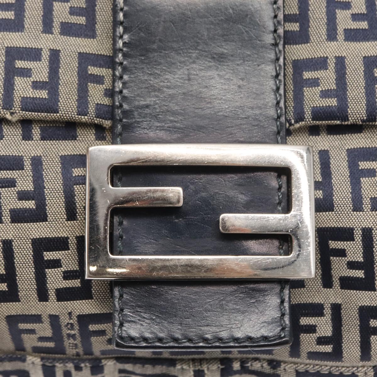 FENDI Zucchino Canvas Mamma Baguette Shoulder Bag Navy Silver Auth 156654V