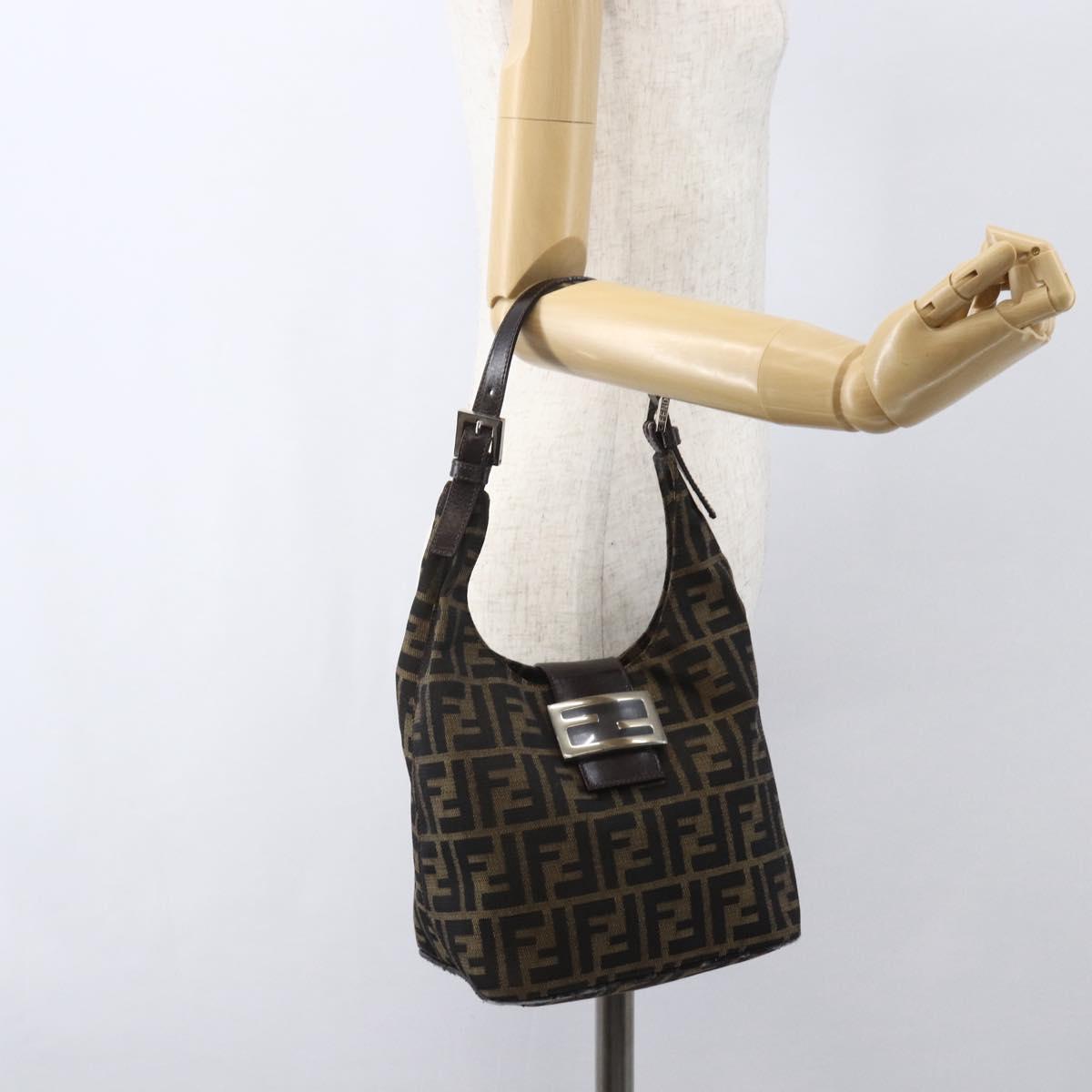 FENDI Zucca Canvas Mamma Baguette Shoulder Bag Black Brown Auth 156656V