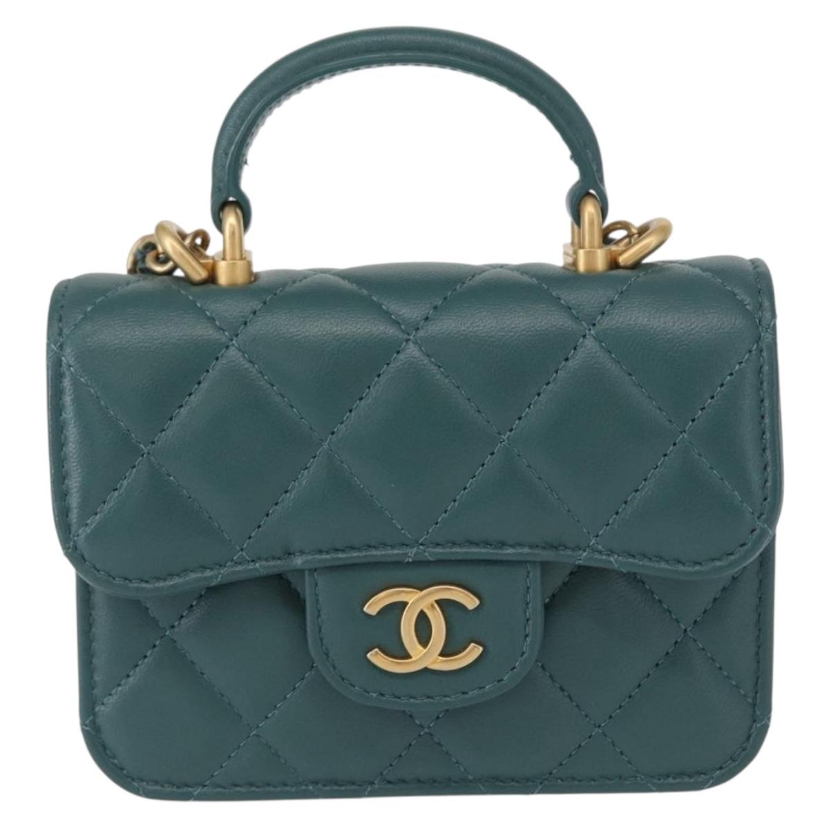 CHANEL Matelasse Chain Shoulder Bag Lamb Skin 2way Green Gold CC Auth 156667SM