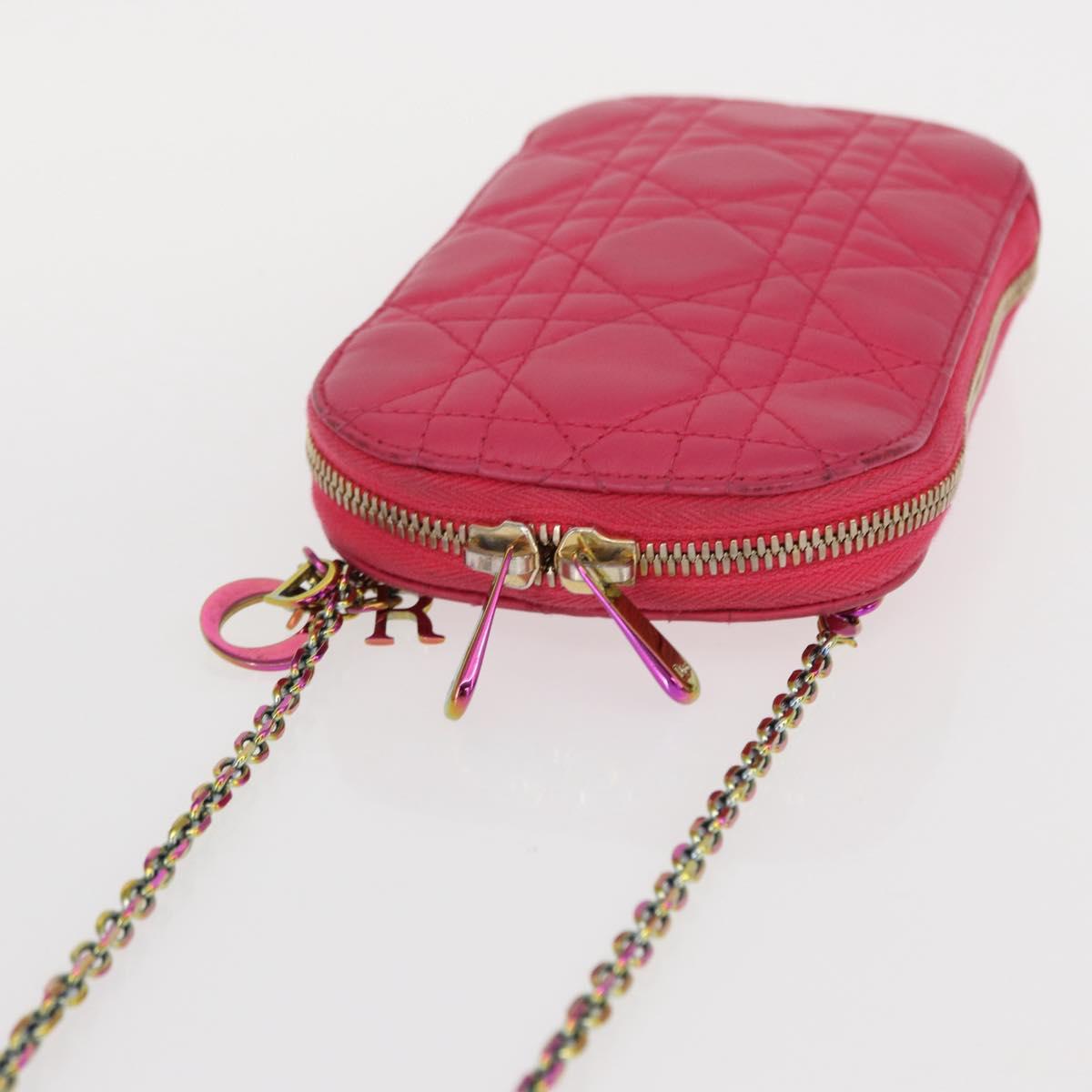 Christian Dior Cannage Phone Chain Shoulder Pouch 2way Pink Gold Auth 156668V